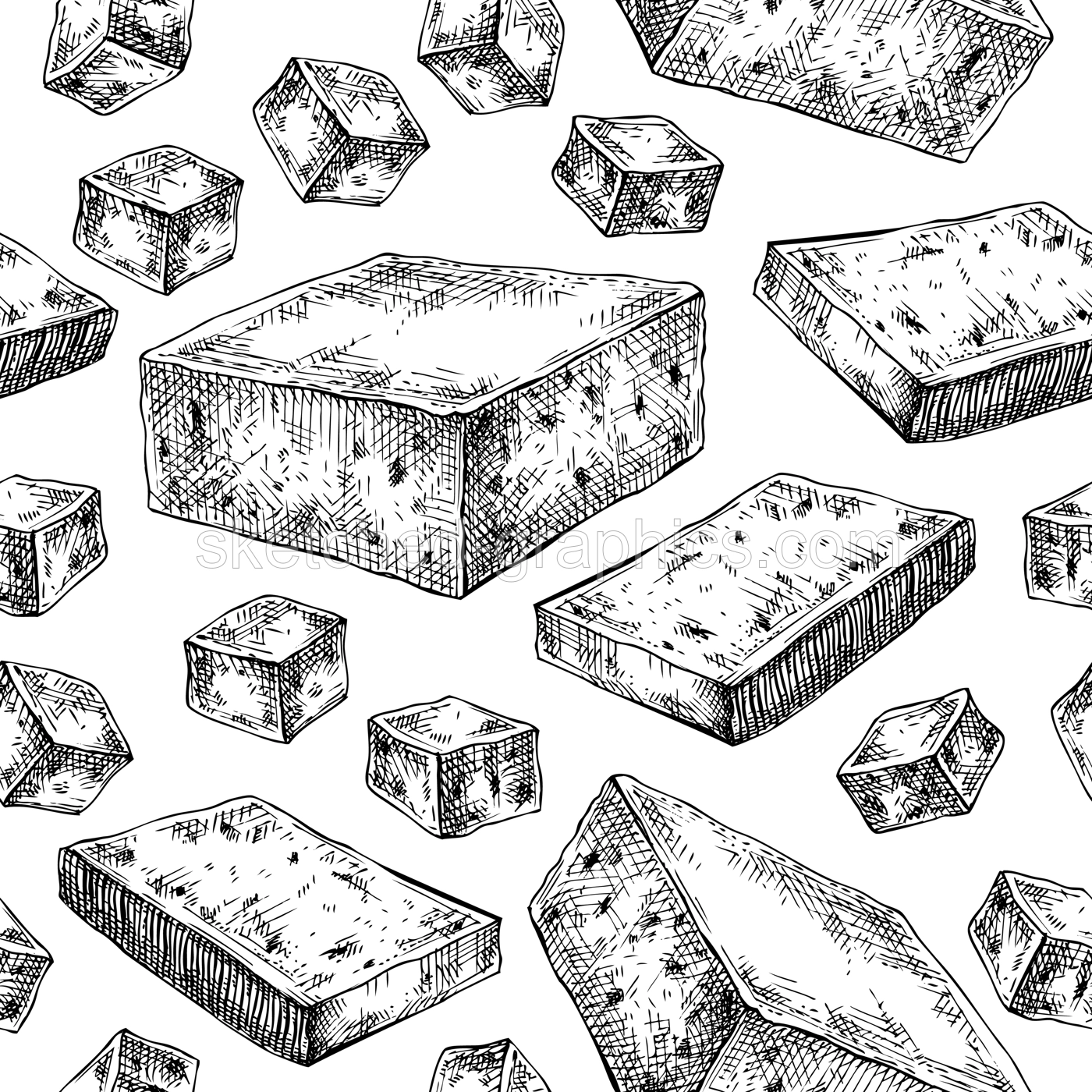 Tofu seamless pattern. Hand-sketched vegan food background. Asian food ingredients. Tofu background for packaging, menu, recipe, product design Illustration